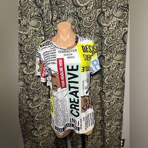 Fire & Fleur Pop Logo Newspaper Print Size L Women's Pajama Top/Tee Soft